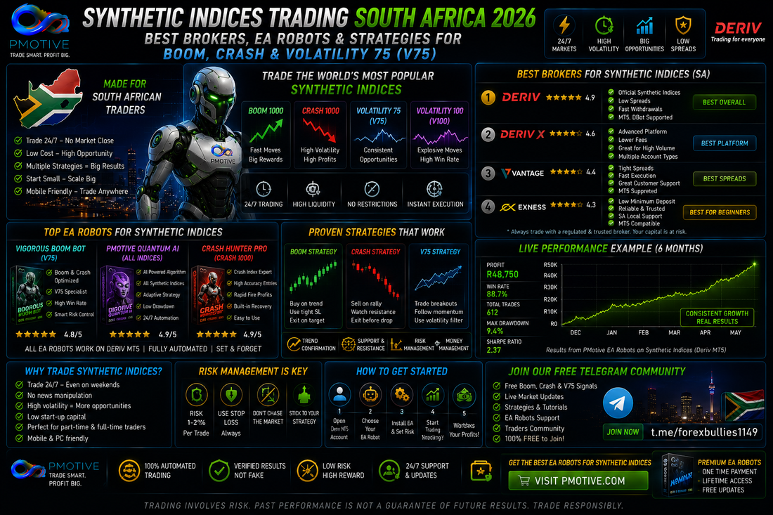 Synthetic indices trading South Africa 2026 — best brokers, EA robots and strategies for Boom Crash V75 | PMotive