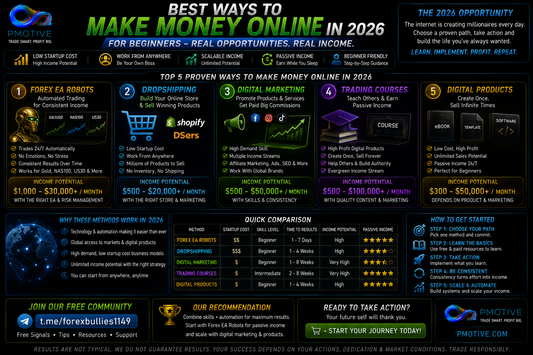 Best ways to make money online in 2026 for beginners showing forex EA robots dropshipping digital marketing and trading courses | PMotive