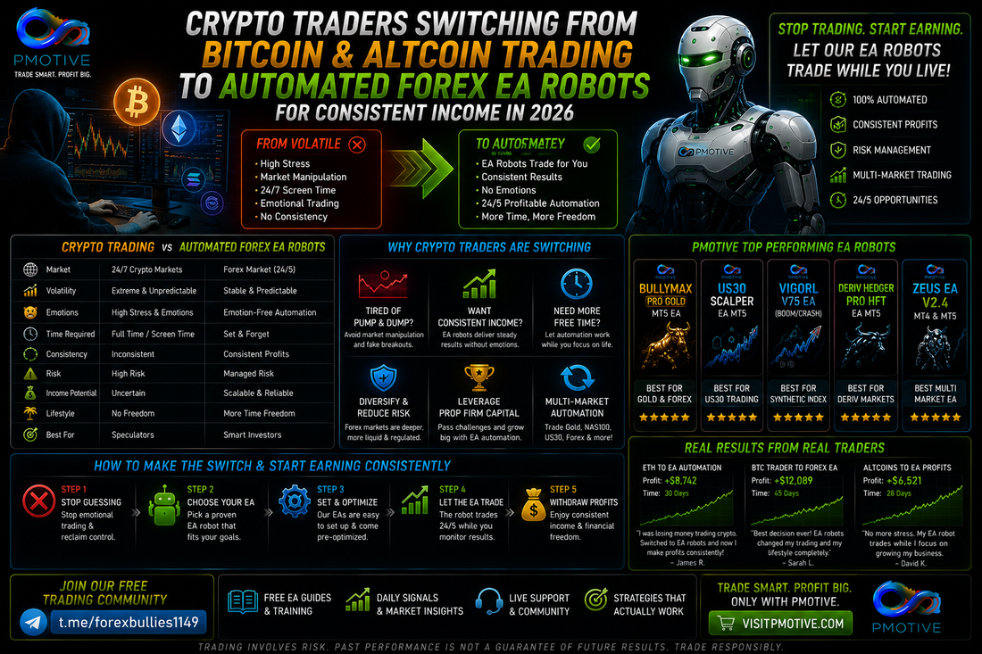 Crypto traders switching from Bitcoin and altcoin trading to automated forex EA robots for consistent income in 2026 | PMotive