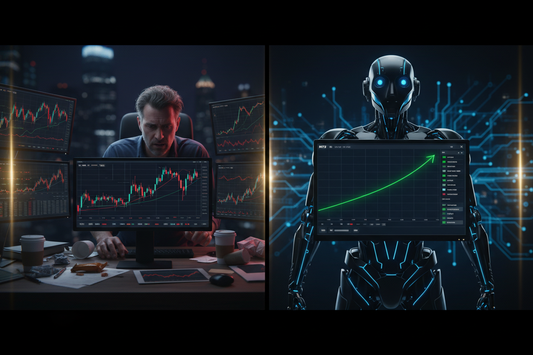 AI trading robot outperforming human trader with green profit charts on MT5 | PMotive