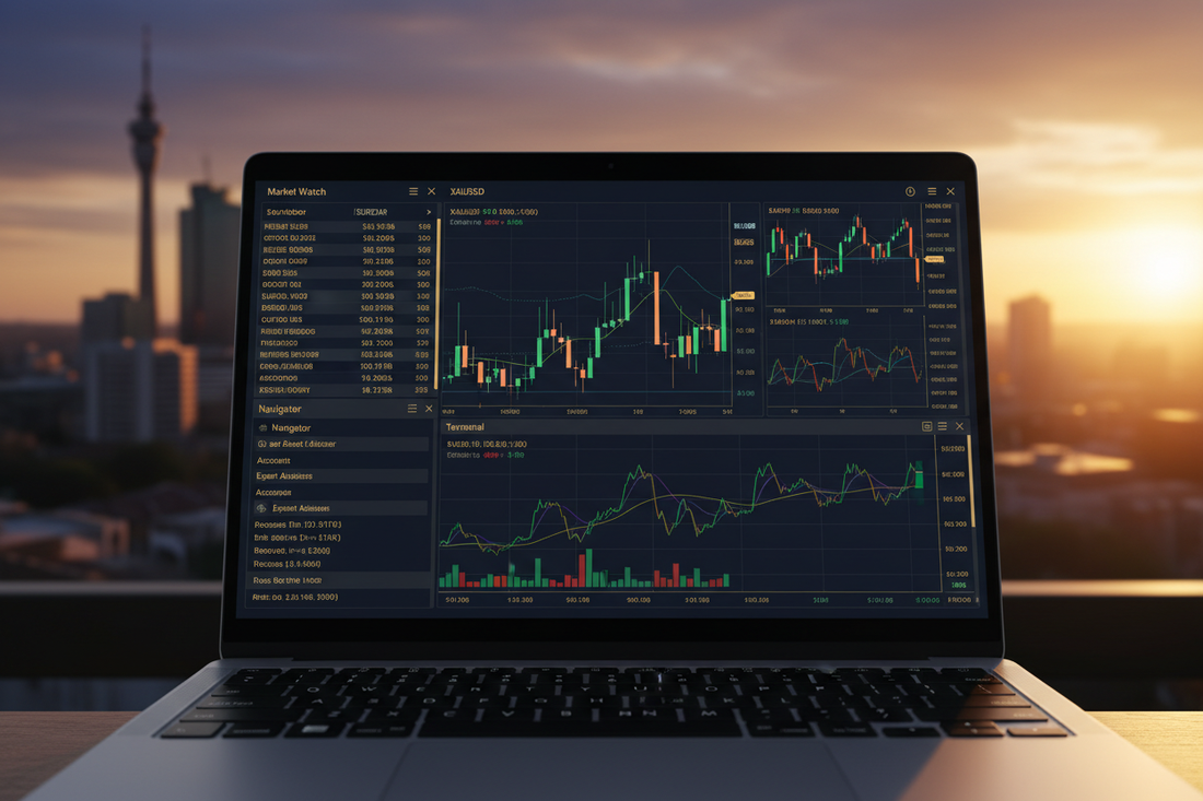 Forex trading dashboard on laptop with Johannesburg skyline — how to start forex trading in South Africa 2026 | PMotive