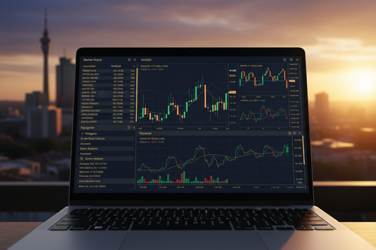 Forex trading dashboard on laptop with Johannesburg skyline — how to start forex trading in South Africa 2026 | PMotive