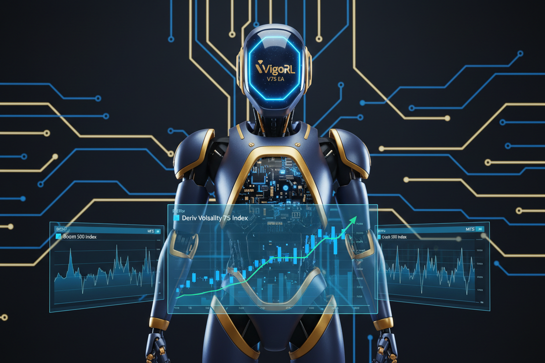 VigoRL V75 EA robot with Deriv Volatility 75 and Boom Crash synthetic indices charts on MT5 — VigoRL V75 EA review 2026 | PMotive