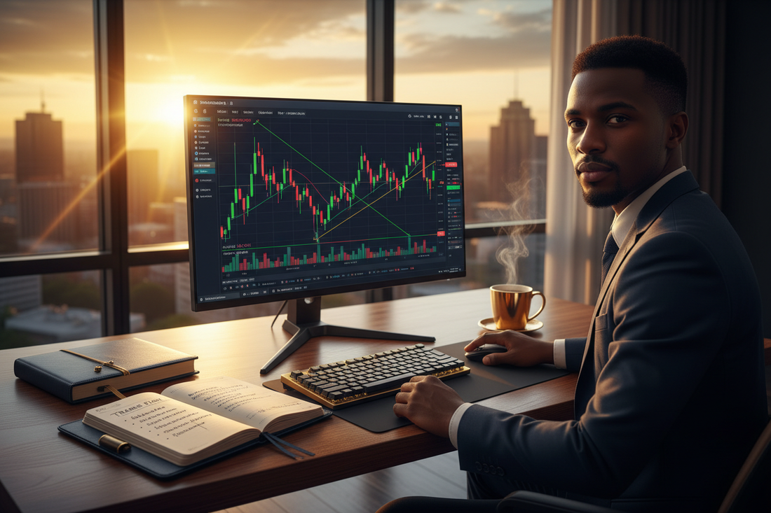 South African trader starting their trading journey with MT5 Gold chart on desktop — how to start trading in South Africa 2026 | PMotive