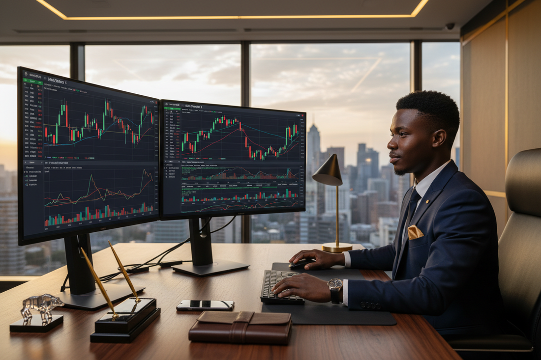 South African trader studying forex charts on MT5 — how to become a forex trader in South Africa 2026 | PMotive