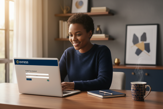 South African trader opening a forex account on laptop — how to open a forex trading account in South Africa 2026 | PMotive
