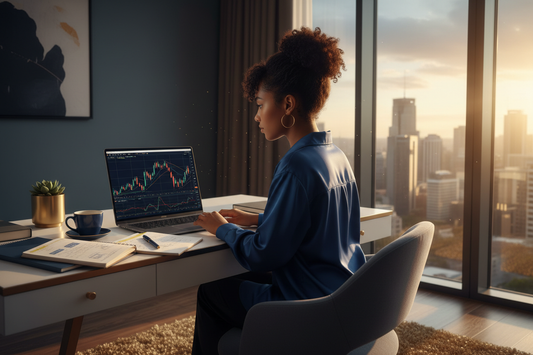 Beginner forex trader in South Africa studying MT5 charts at a modern desk — forex trading for beginners South Africa 2026 | PMotive