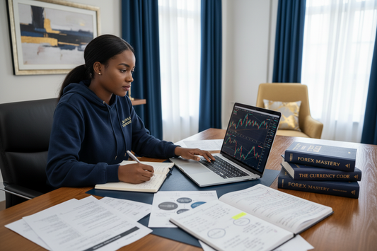 South African trader learning forex on laptop with MT5 charts and trading notes — learn how to trade forex in South Africa 2026 | PMotive