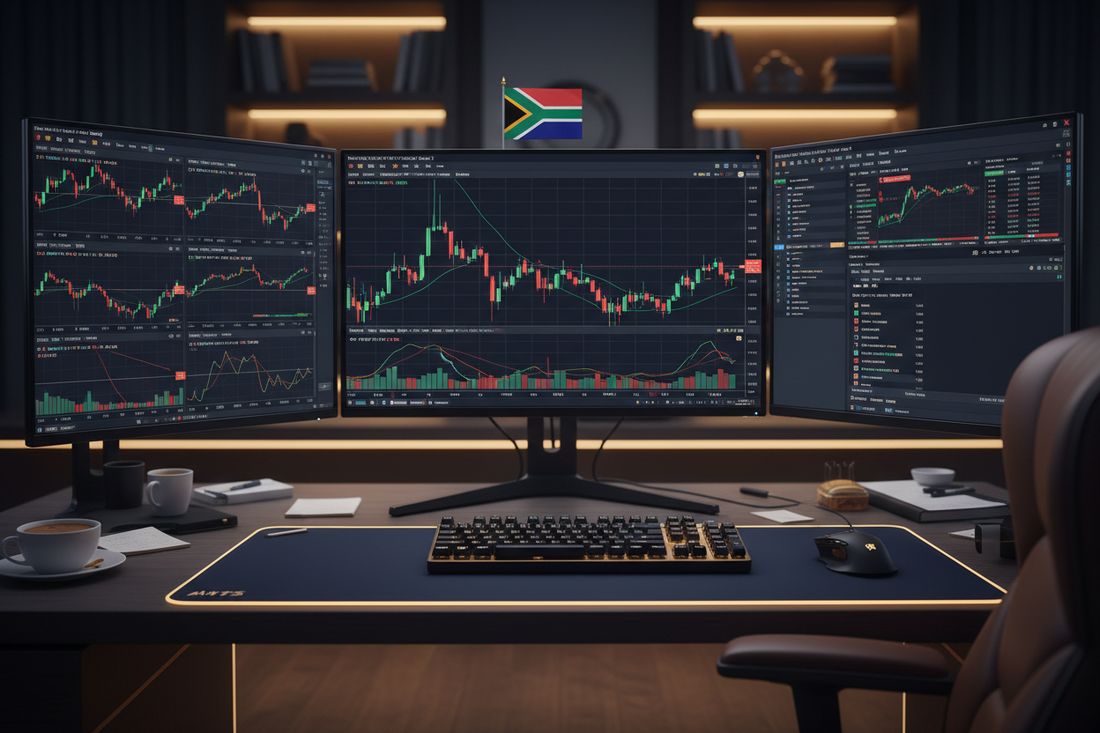 Professional forex trading setup with Gold and NAS100 charts on MT5 — how to trade forex in South Africa 2026 | PMotive