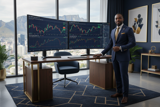 South African trader at dual monitor setup with NAS100 Nasdaq 100 charts on MT5 — NAS100 trading strategy 2026 | PMotive