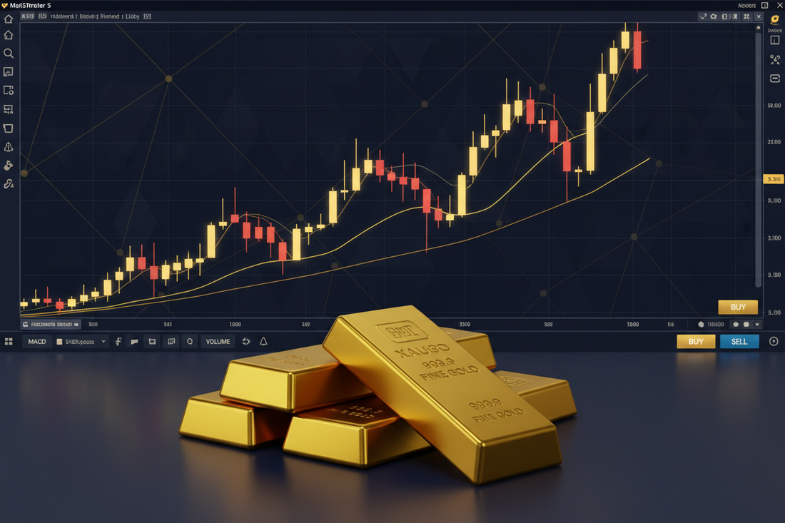 Gold bars and XAUUSD candlestick chart on MT5 — best MT5 EA for Gold trading 2026 | PMotive