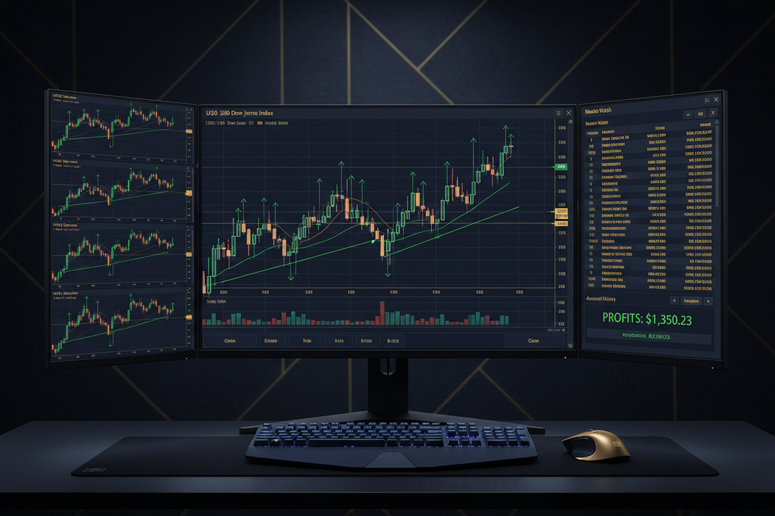 US30 Dow Jones scalping entries on MT5 chart with profit arrows — US30 signals and trading strategy 2026 | PMotive