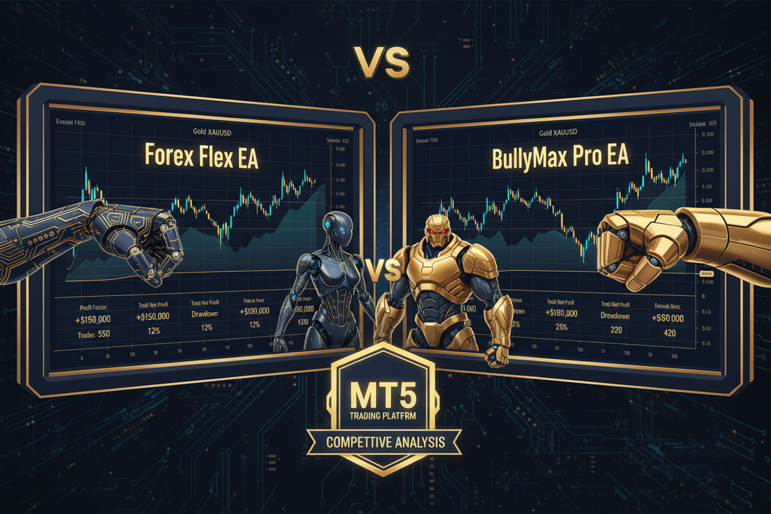 Forex Flex EA vs BullyMax Pro Gold EA comparison on MT5 Gold charts — best Gold EA 2026 | PMotive