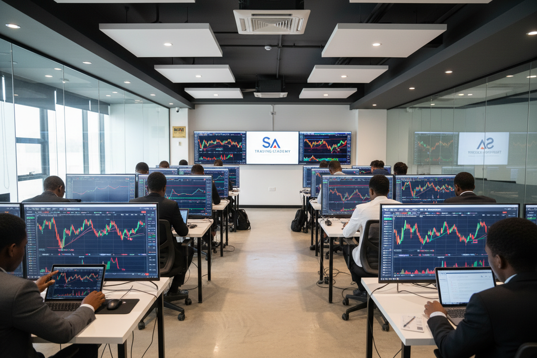 South African traders learning forex in a modern trading academy classroom — best forex school South Africa 2026 | PMotive