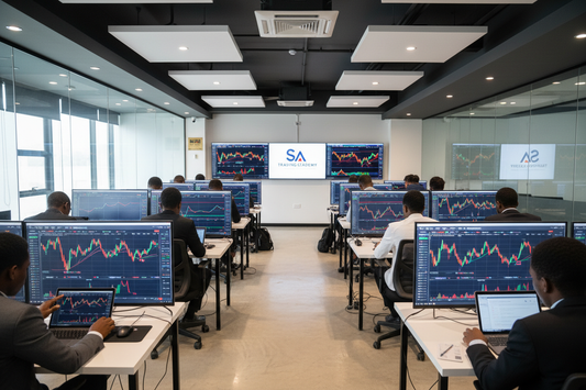 South African traders learning forex in a modern trading academy classroom — best forex school South Africa 2026 | PMotive