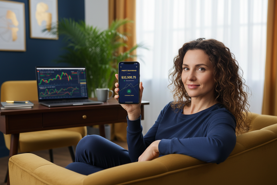 Trader checking EA profit dashboard on phone with MT5 running in background — how to make money with forex EAs 2026 | PMotive