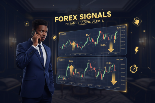 South African trader receiving forex signals on phone with MT5 Gold and NAS100 charts — forex signals South Africa 2026 | PMotive