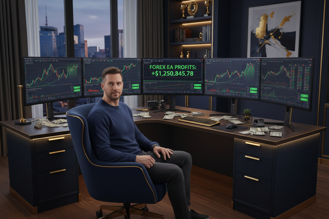 US trader at home office with multiple screens showing Gold and NAS100 EA profits on MT5 — best forex EA for US traders 2026 | PMotive