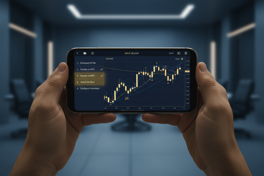 Hands holding smartphone with MT5 mobile app showing EA trades running — how to install EA on MT5 mobile 2026 | PMotive