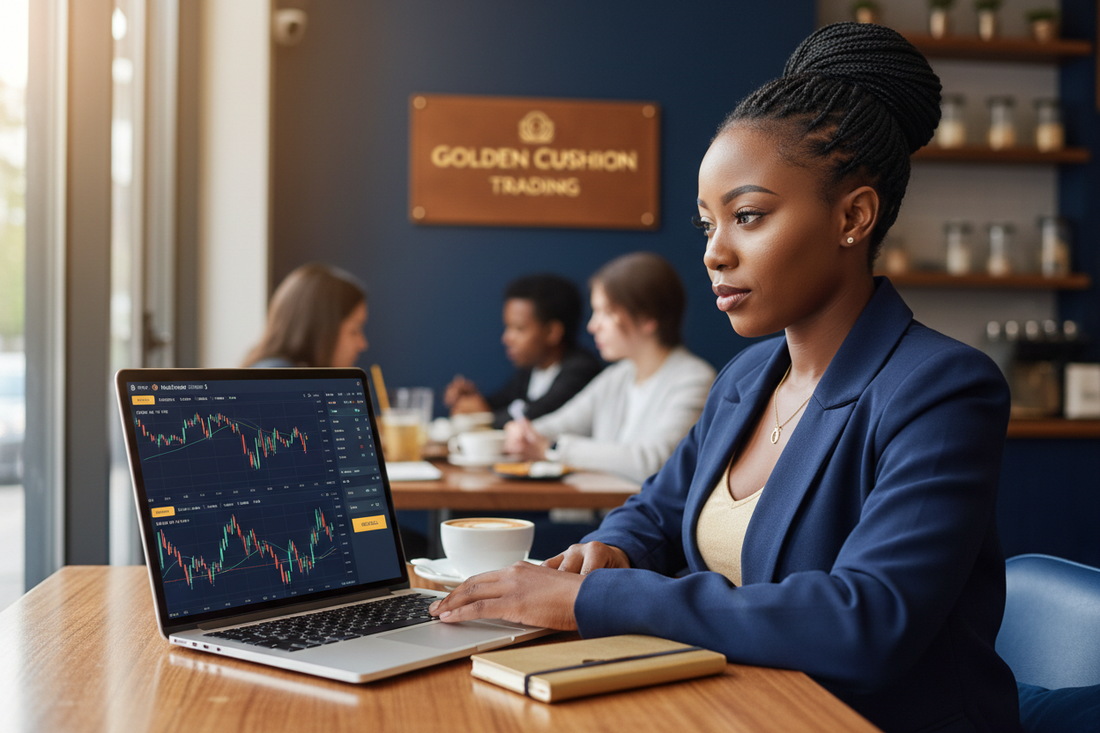 Young South African woman trading forex on laptop at modern cafe — forex trading South Africa for beginners 2026 | PMotive