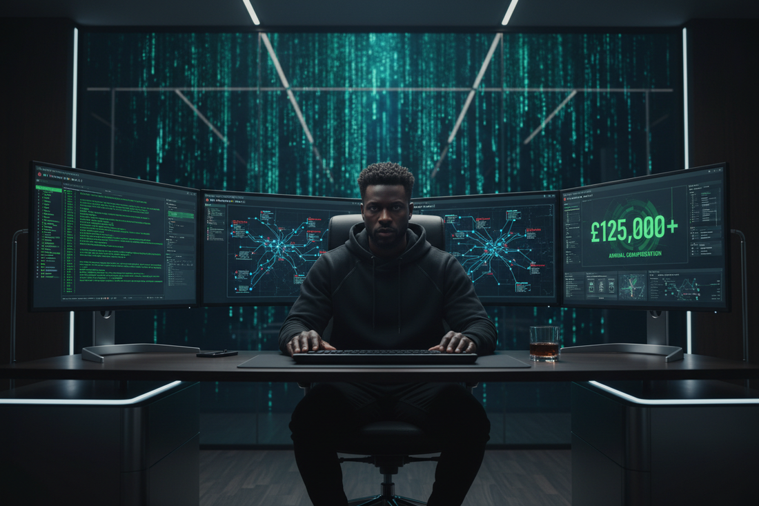 Cybersecurity professional in 2026 earning $100K without a degree using ethical hacking Python and AI security skills with online courses and trading income