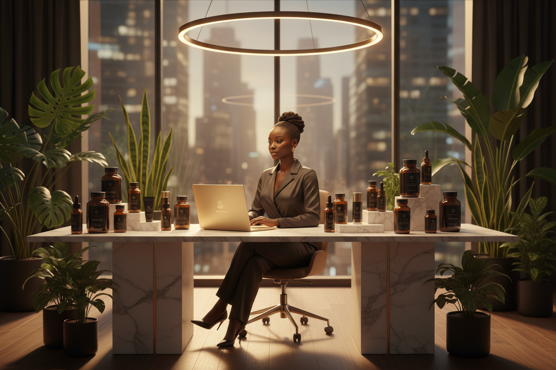 Entrepreneur building a profitable online wellness brand in 2026 with health supplements skincare products online courses and digital marketing tools