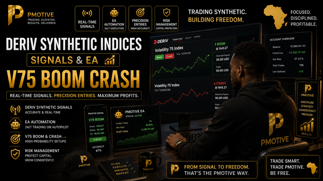 African trader running Deriv synthetic indices signals and EA on V75 Boom Crash | PMotive