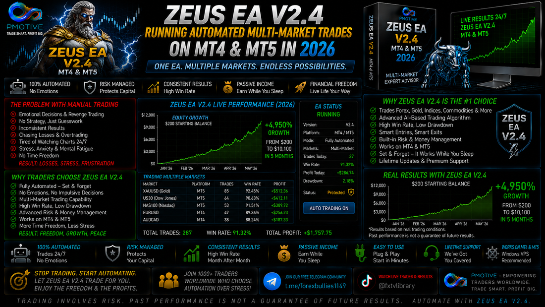 Zeus EA V2.4 running automated multi-market trades on MT4 and MT5 in 2026 | PMotive
