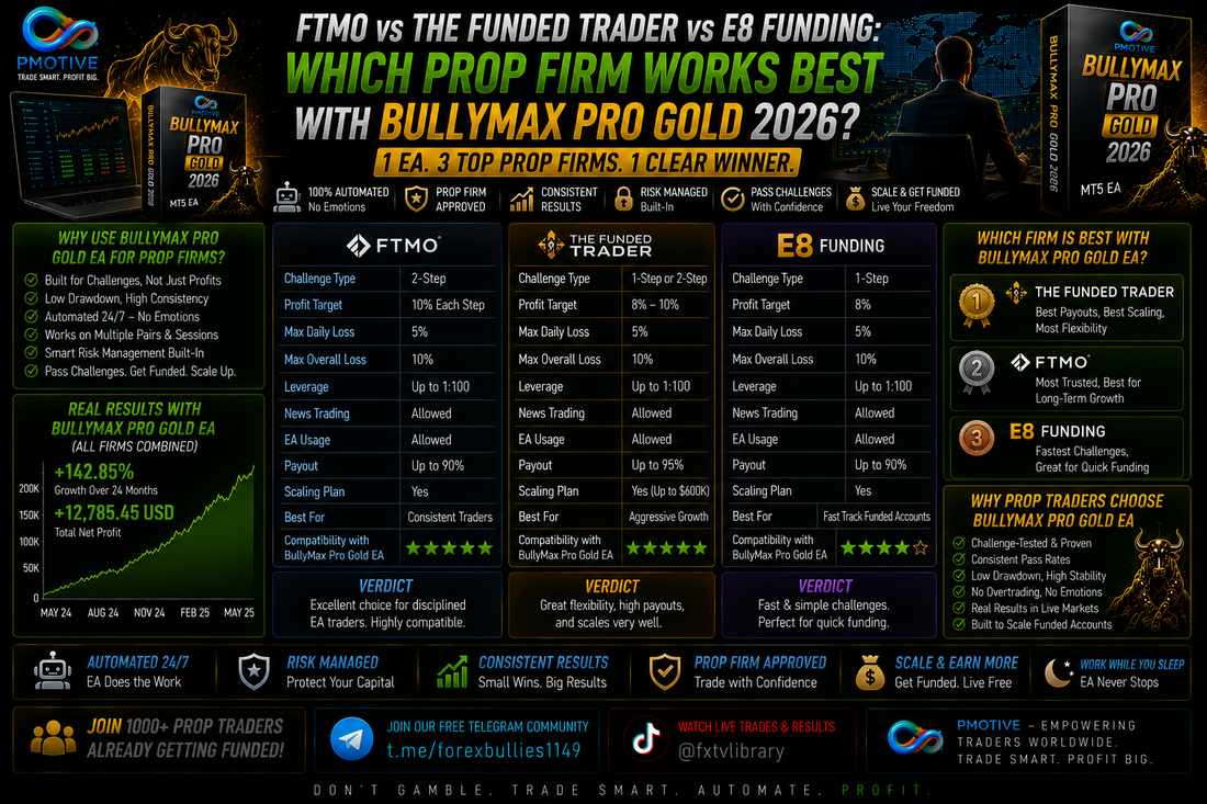 FTMO vs The Funded Trader vs E8 Funding: Which Prop Firm Works Best With BullyMax Pro 2026? | PMotive