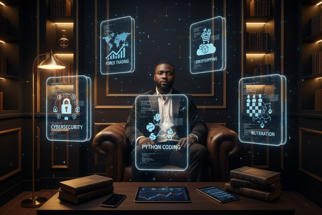 Entrepreneur reading wealth-building eBooks on forex dropshipping and cybersecurity | PMotive