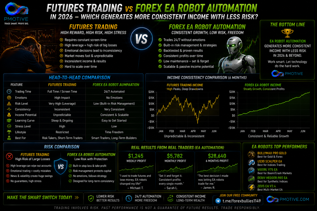 Futures trading compared to forex EA robot automation in 2026 showing which generates more consistent income with less risk | PMotive