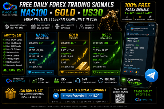 Free daily NAS100 Gold and US30 forex trading signals from PMotive Telegram community in 2026 | PMotive