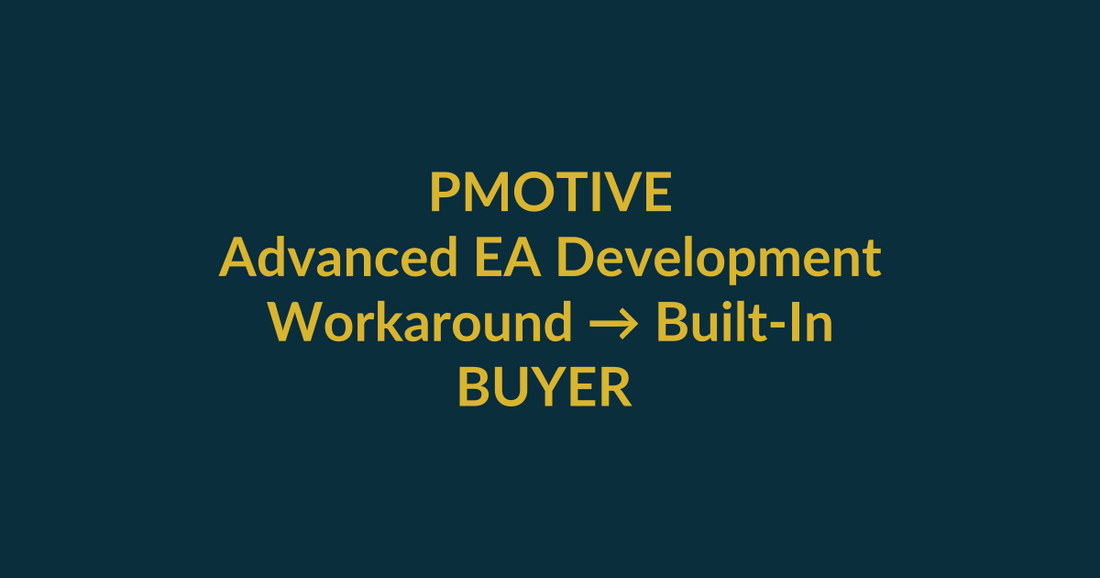 Advanced EA Development buyer blueprint showing transformation from Workaround to Built-In with PMotive