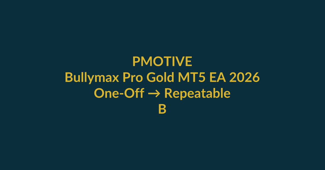 Bullymax Pro Gold MT5 EA 2026 buyer blueprint showing transformation from One-Off to Repeatable with PMotive