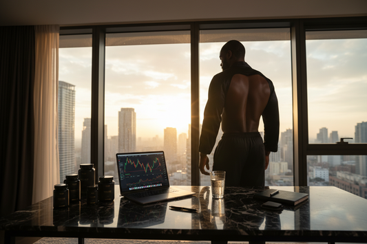 High performance trader daily routine in 2026 showing morning supplements ashwagandha alpha energy MT5 expert advisor running and online course