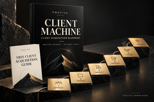 PMotive Client Machine free guide and paid digital Blueprint; illustrated packaging, no physical books included
